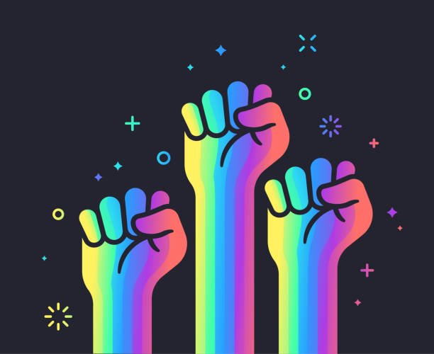 Power fist LGBTQ gay rights activism social justice and volunteering hands raised concept.